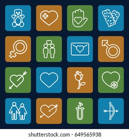 Love icons set. set of 16 love outline icons such as teddy bear, female, heart with cross, bandage, gay couple, add favorite, woman, rose, heart test tube, couple, love letter
