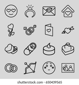 Love icons set. set of 16 love outline icons such as ring, male and female, heart with arrow, sweet box, bow, heart flower, ring in box, candle, engagement rings, shy emoji