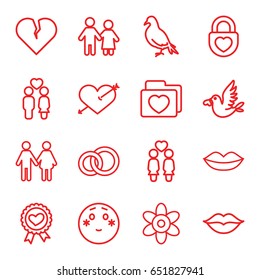 Love icons set. set of 16 love outline icons such as dove, flower, lips, women couple, couple, heart ribbon, folder with heart, shy emoji, family