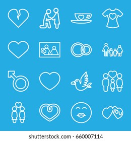 Love icons set. set of 16 love outline icons such as t-shirt with heart, women couple, family, heart, woman, rings, kiss emot, marriage proposal
