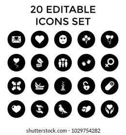 Love icons. set of 20 editable filled love icons such as baby hands, heart, roundelay, hand with heart, newborn child, bouquet. best quality love elements in trendy style.