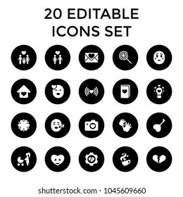 Love icons. set of 20 editable filled love icons such as broken heart, woman with baby carriage, lollipop, heart in gear, flower. best quality love elements in trendy style.