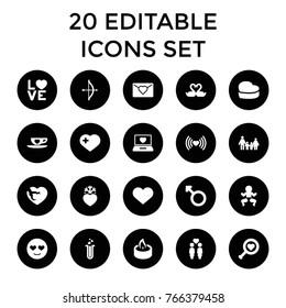 Love icons. set of 20 editable filled love icons such as bow, family, heart search, newborn child, heart with cross, women couple, woman