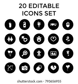 Love icons. set of 20 editable filled love icons such as heart search, family photo, heart with camera, bow, male, candle, rose. best quality love elements in trendy style.