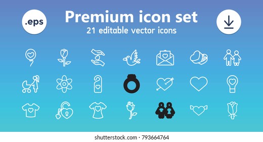 Love icons. set of 21 editable outline love icons includes rose, flower, heart with arrow, heart with wings, couple, sweet box, ring