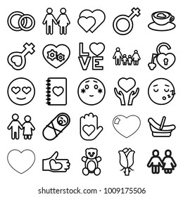 Love icons. set of 25 editable outline love icons such as teddy bear, baby basket, family, shy emoji, sleeping emot, couple, newborn child, hearts, heart on hand, rose