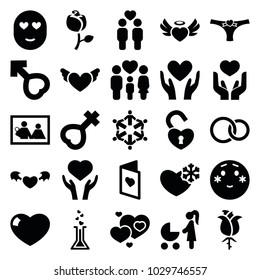 Love icons. set of 25 editable filled love icons such as shy emoji, woman with baby carriage, family photo, heart on hand, family, gay couple, heart angel wings, female, male