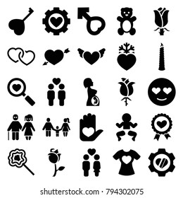 Love icons. set of 25 editable filled love icons such as teddy bear, emot in love, newborn child, lollipop, rose, heart in gear, t-shirt with heart, couple, gay couple, male