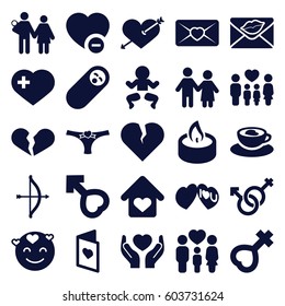 Love icons set. set of 25 love filled icons such as heart with arrow, broken heart, family, minus favorite, male and female, female, male, candle, bow, couple