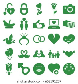 Love icons set. set of 25 love filled icons such as baby basket, ring, shy emoji, kiss emot, heart with wings, rose, bandage, women couple, add favorite, laptop with heart