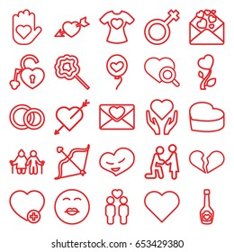 Love icons set. set of 25 love outline icons such as lollipop, heart search, t-shirt with heart, gay couple, add favorite, love letter, male, bow, engagement rings, kiss emot