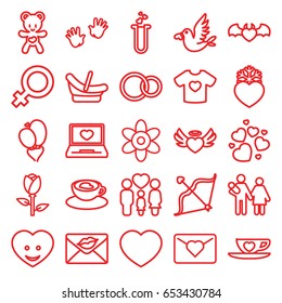 Love icons set. set of 25 love outline icons such as rose, flower, baby basket, baby hands, female, t-shirt with heart, family, heart face, bear teddy, bow
