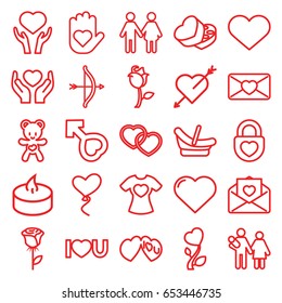 Love icons set. set of 25 love outline icons such as heart, baby basket, heart on hand, rose, bear teddy, sweet box, male, candle, family, couple with newborn