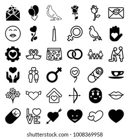 Love icons. set of 36 editable filled and outline love icons such as bow, heart with arrow, heart on hand, male, dove, female, kiss emot, marriage proposal, family