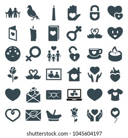 Love icons. set of 36 editable filled love icons such as dove, baby basket, shy emoji, family photo, old couple, heart on hand, hands holding heart, female, candle, rose