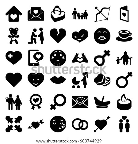 Love icons set. set of 36 love filled icons such as baby basket, female, lips, shy emoji, kiss emot, sleeping emot, heart with cross, heart ribbon, gay couple, male