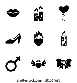Love icons set. Set of 9 Love filled icons such as heart angel wings, love, heart baloons, male, candle, woman shoe