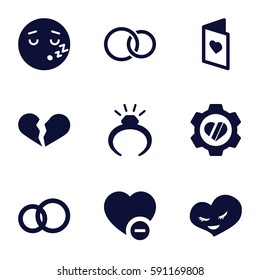 love icons set. Set of 9 love filled icons such as ring, broken heart, sleeping emot, heart in gear, minus favorite, heart, rings, love card