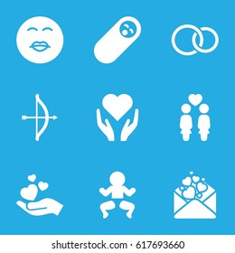 Love icons set. set of 9 love filled icons such as kiss emot, women couple, hand holding heart, love letter, rings, bow, hand with heart