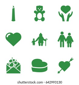Love icons set. set of 9 love filled icons such as teddy bear, heart, heart on hand, love letter, candle, couple