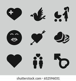 Love icons set. set of 9 love filled icons such as kiss emot, heart with cross, couple, love bird, sweet box, male, heart, heart with arrow