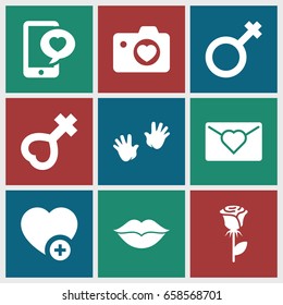 Love icons set. set of 9 love filled icons such as baby hands, rose, add favorite, heart with camera, phone with heart, male