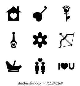 Love icons set. set of 9 love filled icons such as flower, baby basket, rose, couple, home with heart, champagne bottle with heart, heart key, i love you