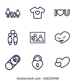 Love icons set. set of 9 love outline icons such as t-shirt with heart, women couple, heart, i love you, heart lock, family, newborn child