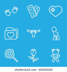 Love icons set. set of 9 love outline icons such as rose, baby hands, lollipop, heart with cross, bandage, folder with heart, bear teddy, panties with heart
