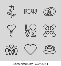 Love icons set. set of 9 love outline icons such as rose, family, heart balloons, cup with heart, heart, engagement ring