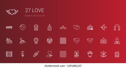 love icons set. Collection of love with vase, diamond, tic tac toe, gender, rose, wedding video, broken heart, wedding car, favourite, rainbow. Editable and scalable love icons.