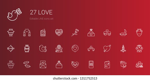 love icons set. Collection of love with wedding invitation, engagement ring, heart, love letter, kiss, vase, cupid, birds, pet shop, pigeon. Editable and scalable icons.