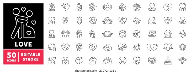 Ícones de amor conjunto. ícones de linha editáveis, design de contorno, romance e símbolos de afeto