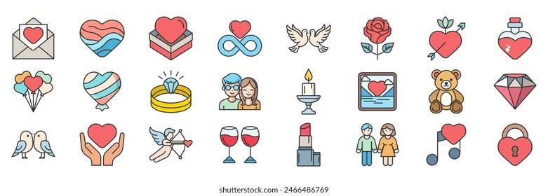 Love icons set, Included icons as Heart, Rose, Teddy Bear, Diamond and more symbols collection, logo isolated vector illustration