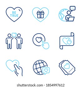 Love icons set. Included icon as World brand, Romantic gift, Hold heart signs. Love letter, Love ticket, Like button symbols. Friends couple, Be true line icons. Friendship, Heart. Vector