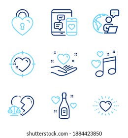 Love icons set. Included icon as Love champagne, Heart, Love music signs. Divorce lawyer, Hold heart, Social media line icons. Valentines day, Musical note. Line icons set. Vector