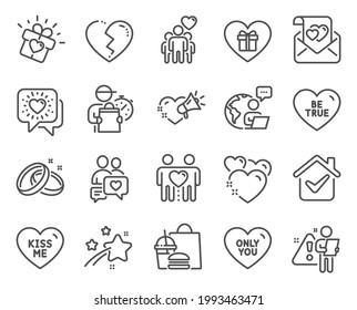 Love icons set. Included icon as Kiss me, Broken heart, Love letter signs. Romantic gift, Love message, Friendship symbols. Heart, Dating chat, Friends couple. Be true, Friends chat. Vector