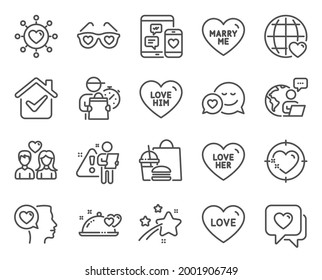 Love icons set. Included icon as Love him, Love, Social media signs. Romantic talk, Heart, Dating network symbols. Heart target, Dating, Marry me. Romantic dinner line icons. Line icons set. Vector