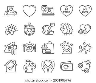 Love icons set. Included icon as Friends couple, Friends community, Love gift signs. Love mail, Heartbeat timer, Hold heart symbols. Romantic dinner, Be sweet, Divorce lawyer. Heart. Vector