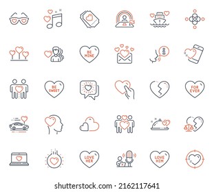 Love icons set. Included icon as Broken heart, Heart target and Friends couple web elements. Honeymoon travel, Love mail, Inclusion icons. Love him, Lgbt, Friends chat web signs. Friend. Vector