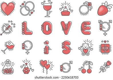 Love icons set. The line black and red symbols collection for wedding, engagement, anniversary events and more.