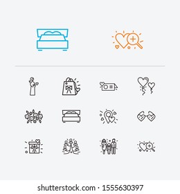Love icons set. Love location and love icons with greeting card, family tree and gift. Set of together for web app logo UI design.