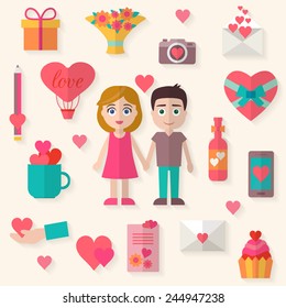 Love icons set. Lovers holding hands. Flat style vector illustration.