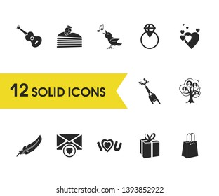 Love icons set with open champagne, love letter and guitar elements. Set of love icons and merchandise concept. Editable vector elements for logo app UI design.