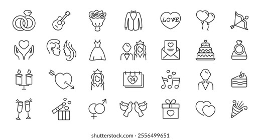 Love icons set. Romantic, date, cupid, wedding, valentine. Vector.