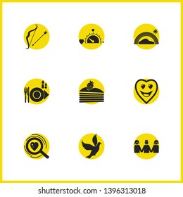 Love icons set with search for love, two girls with man and dinner elements. Set of love icons and restaurant concept. Editable vector elements for logo app UI design.