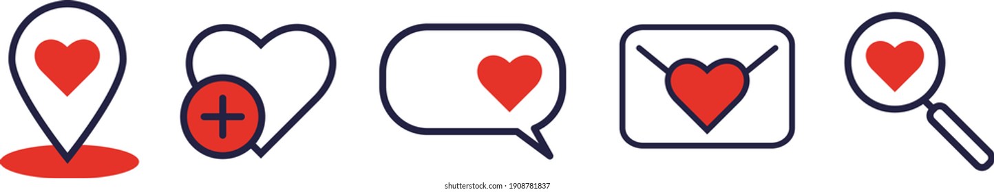 Love icons set. Simple shapes. Vector illustration in flat style. Love letter, bubble with heart, magnifier, place on map. Isolated