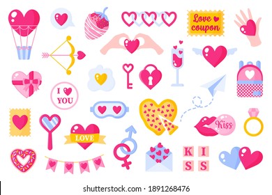 Love icons set for valentine's day or wedding. Balloon, arrow, key, pizza, kiss, gum, gift, strawberry, plane, etc. Vector flat design isolated on white background.