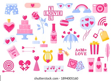 Love icons set for valentine's day or wedding. Panties, crossword, rainbow, camera, cake, potion, arrow, candle, champagne, puzzle, popcorn, ect. Vector flat design isolated on white background.