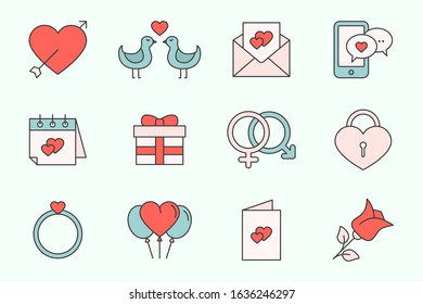 Love Icons set - Vector color symbols of heart, gifts, and valentines for the site or interface
